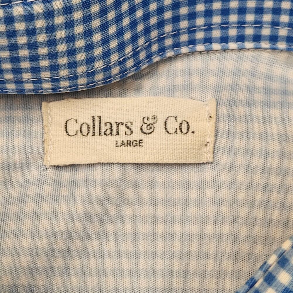 Collars & Co Dress Collar Polo Shirt Men's L‎ Blue Gingham Short Sleeve Stretch - Picture 2 of 4